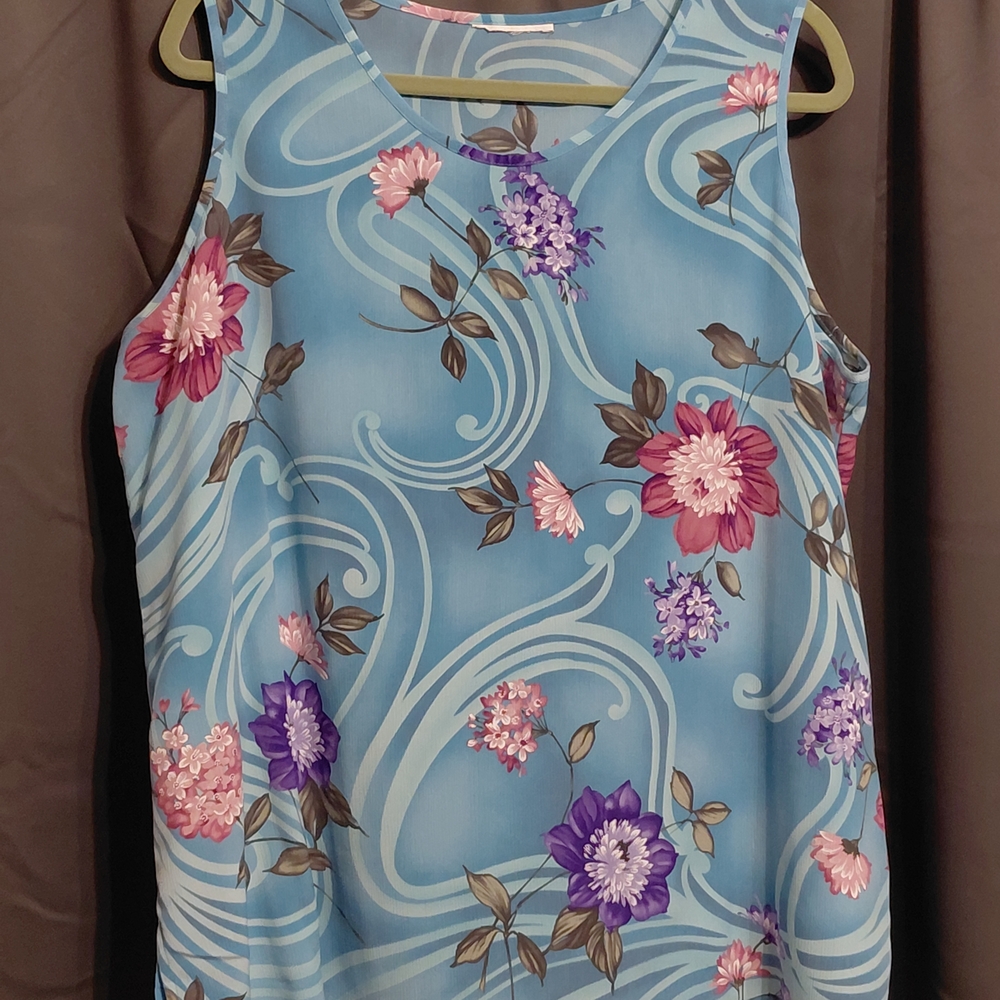 3 Piece Pantsuit Elegant Floral Tank, Short Slv Blouse And Pants. Size XL